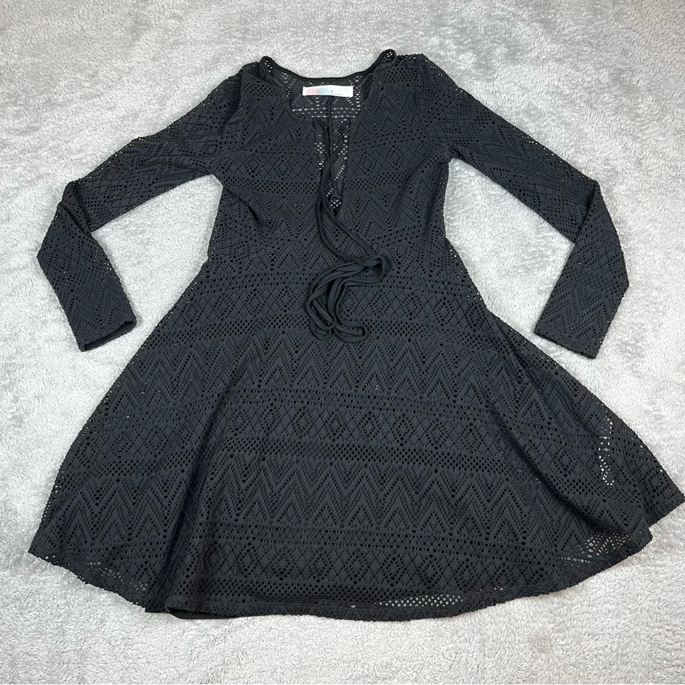 Free People FP Beach Crochet Black Dress Swimsuit Cover Up Lined Long Sleeve XS